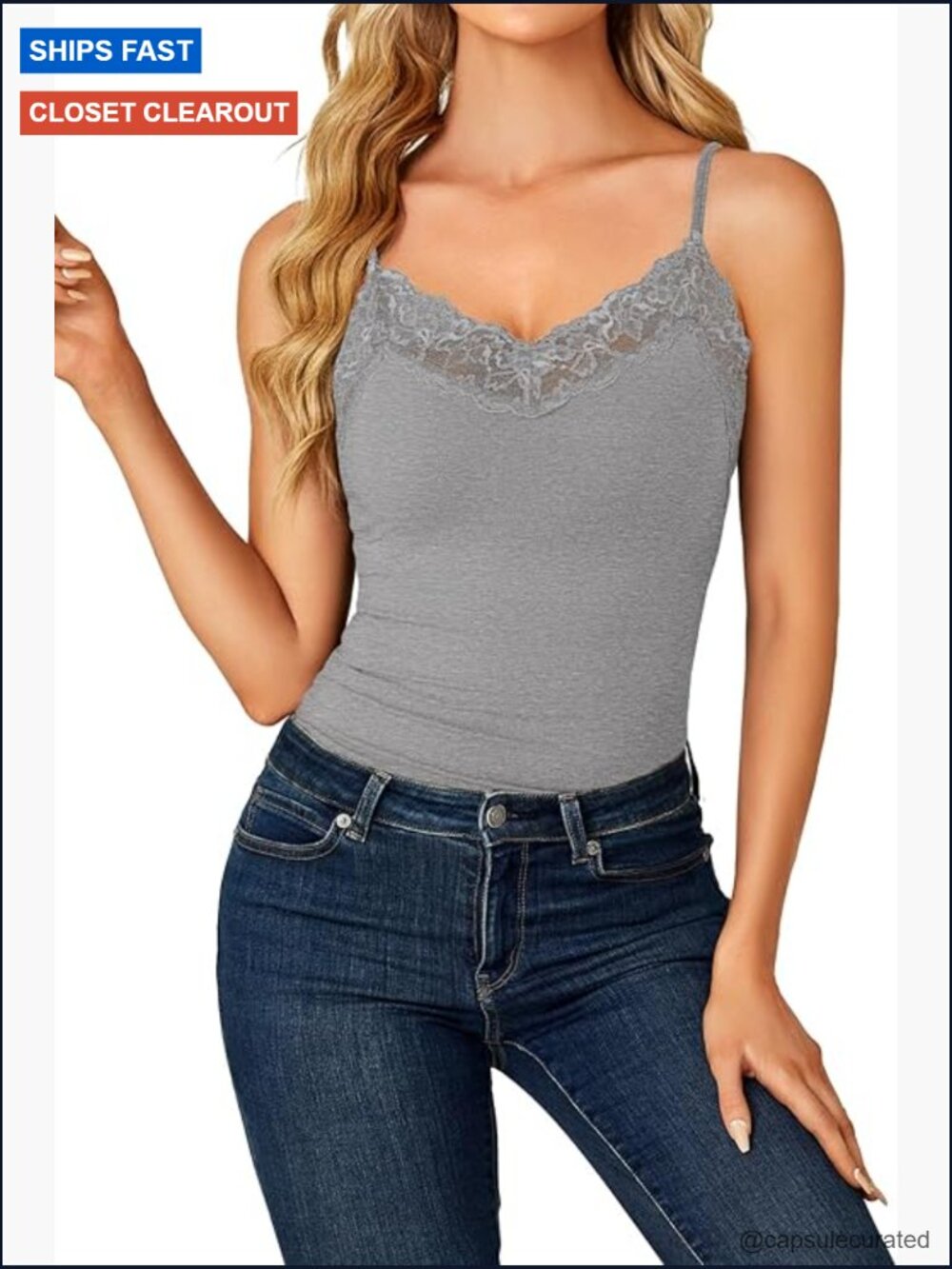 Lace Trim V Neck Camisole Adjustable Strap Fitted Tank Top
